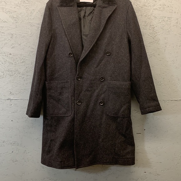 BLDWN Pea Coat Wool Blend Men’s Size L Black Lamb Fur Collar Vintage Designer - Picture 4 of 16